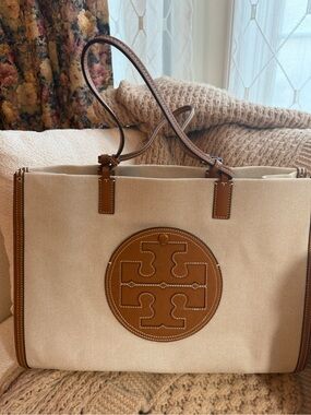 Tory Burch Canvas Tote in Beige with Brown Leather Trim